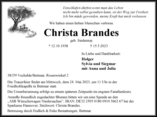 Traueranzeige von Christa Brandes von Peiner Nachrichten