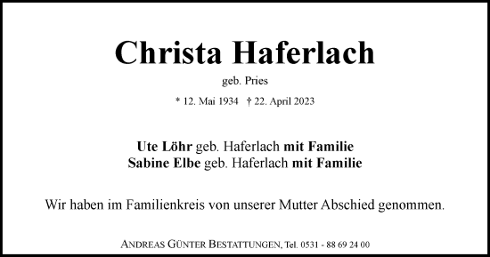 Traueranzeige von Christa Haferlach von Braunschweiger Zeitung
