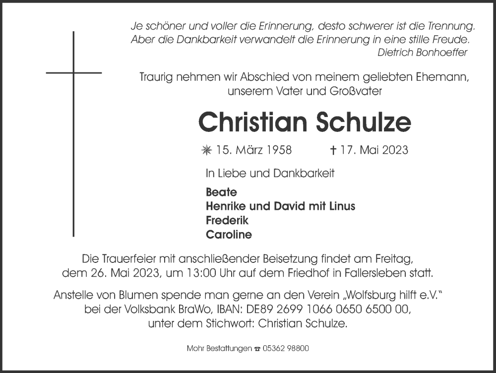  Traueranzeige für Christian Schulze vom 23.05.2023 aus Wolfsburger Nachrichten