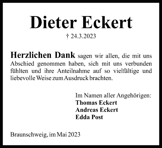 Traueranzeige von Dieter Eckert von Braunschweiger Zeitung