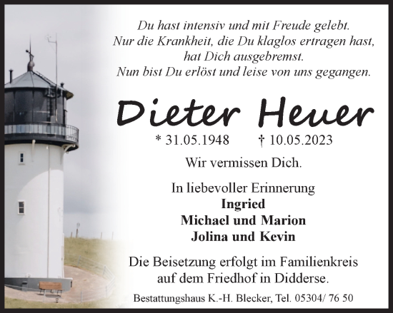 Traueranzeige von Dieter Heuer von Braunschweiger Zeitung