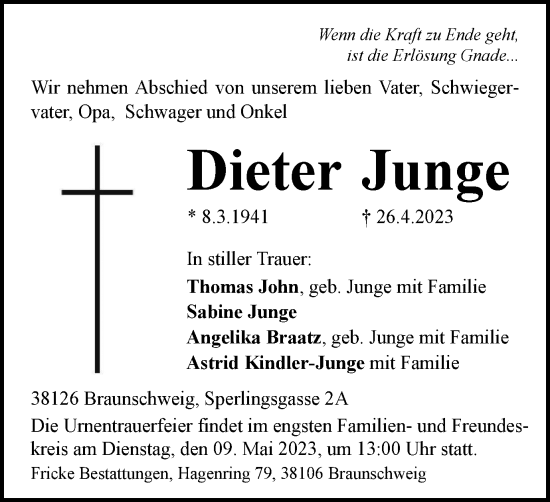 Traueranzeige von Dieter Junge von Braunschweiger Zeitung
