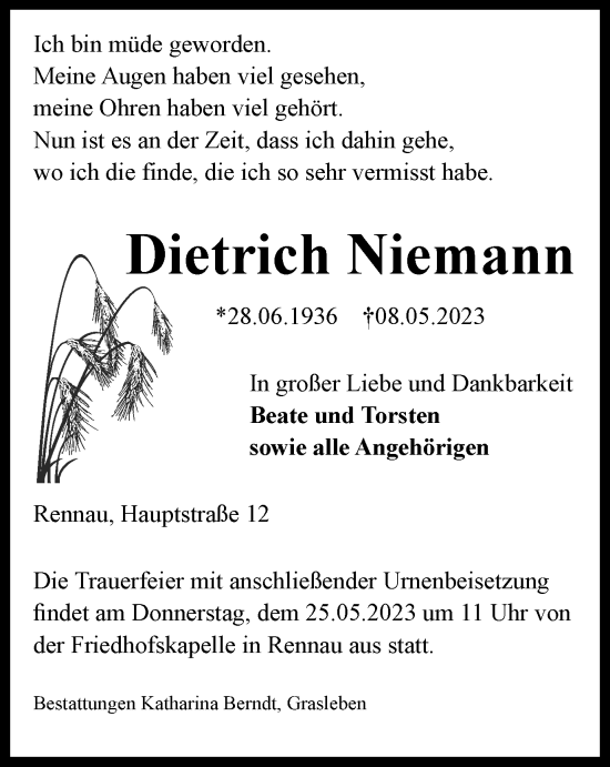 Traueranzeige von Dietrich Niemann von Helmstedter Nachrichten