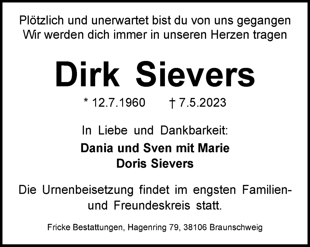  Traueranzeige für Dirk Sievers vom 13.05.2023 aus Braunschweiger Zeitung