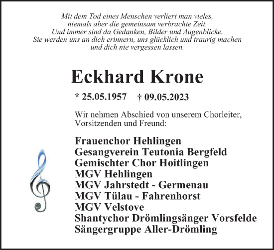 Traueranzeige von Eckhard Krone von Wolfsburger Nachrichten