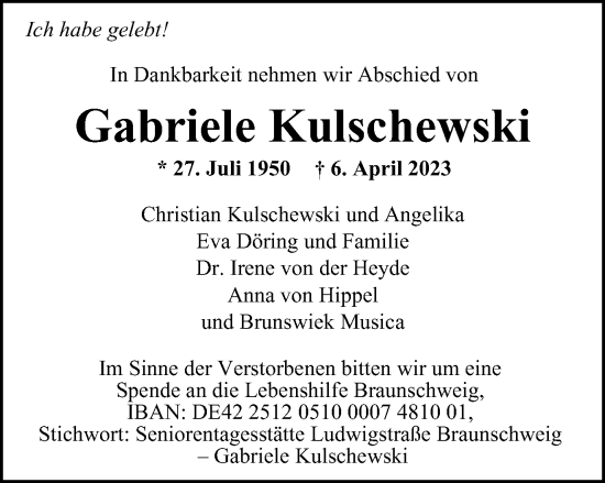Traueranzeige von Gabriele Kulschewski von Braunschweiger Zeitung