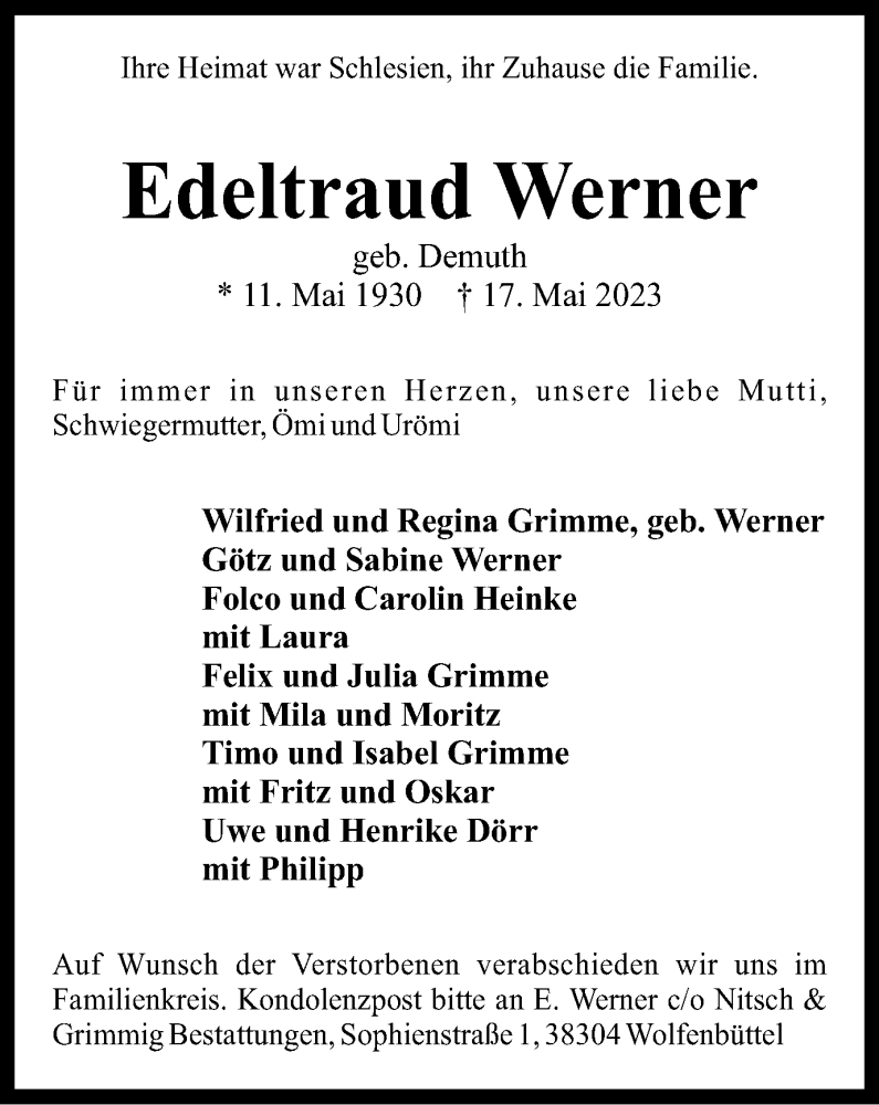  Traueranzeige für Edeltraud Werner vom 27.05.2023 aus Wolfenbütteler Zeitung