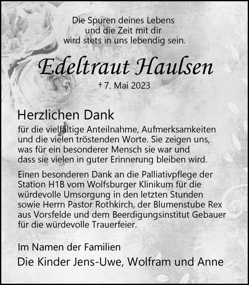  Traueranzeige für Edeltraut Haulsen vom 26.05.2023 aus Wolfsburger Nachrichten