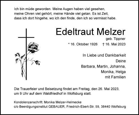 Traueranzeige von Edeltraut Melzer von Wolfsburger Nachrichten