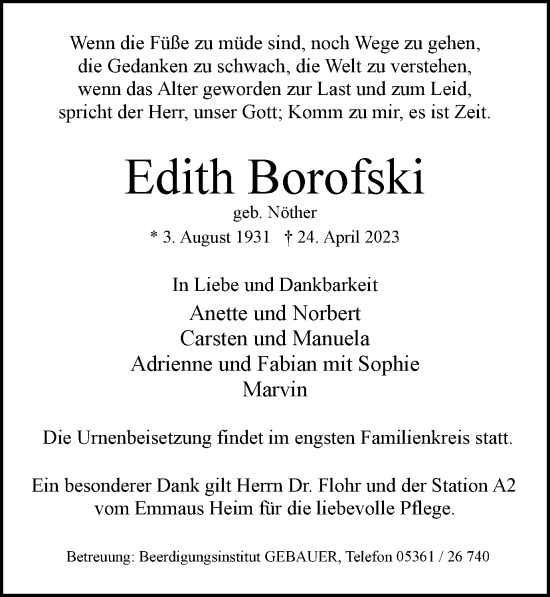 Traueranzeige von Edith Borofski von Wolfsburger Nachrichten