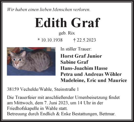 Traueranzeige von Edith Graf von Peiner Nachrichten
