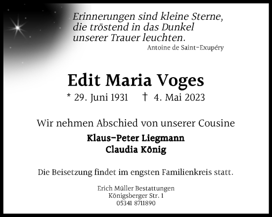 Traueranzeige von Edit Maria Voges von Salzgitter-Zeitung