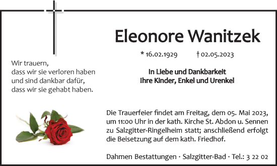 Traueranzeige von Eleonore Wanitzek von Salzgitter-Zeitung