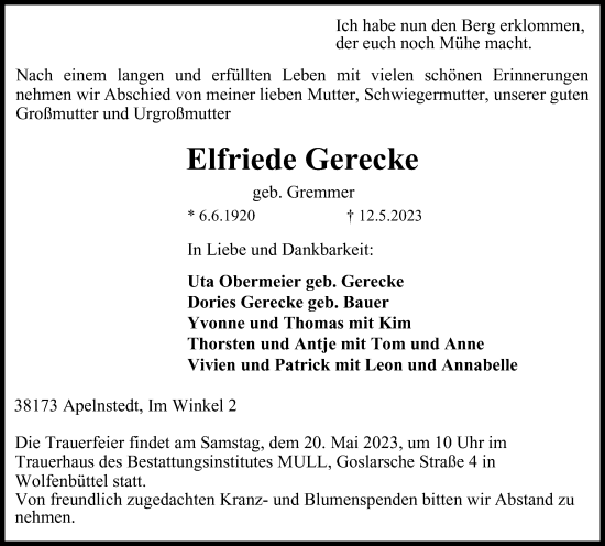 Traueranzeige von Elfriede Gerecke von Braunschweiger Zeitung