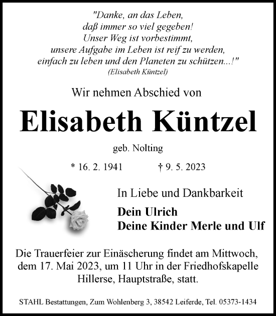 Traueranzeige von Elisabeth Küntzel von Wolfsburger Nachrichten