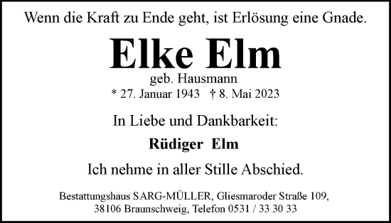 Traueranzeige von Elke Elm von Braunschweiger Zeitung