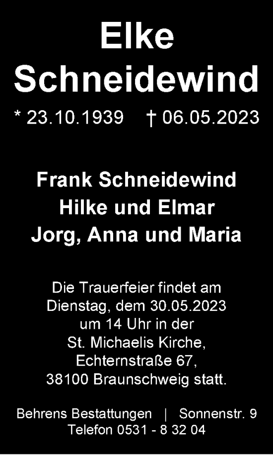 Traueranzeige von Elke Schneidewind von Braunschweiger Zeitung