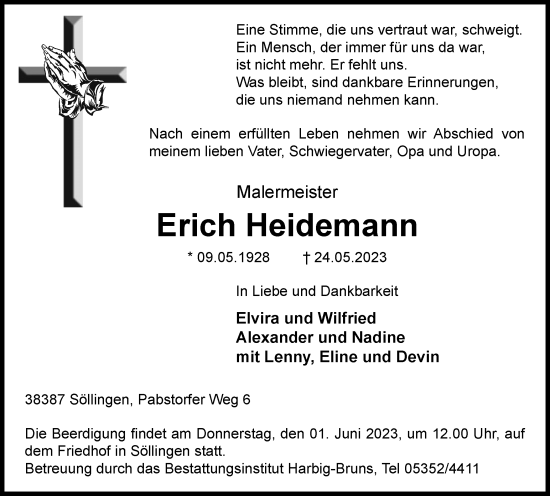 Traueranzeige von Erich Heidemann von Helmstedter Nachrichten