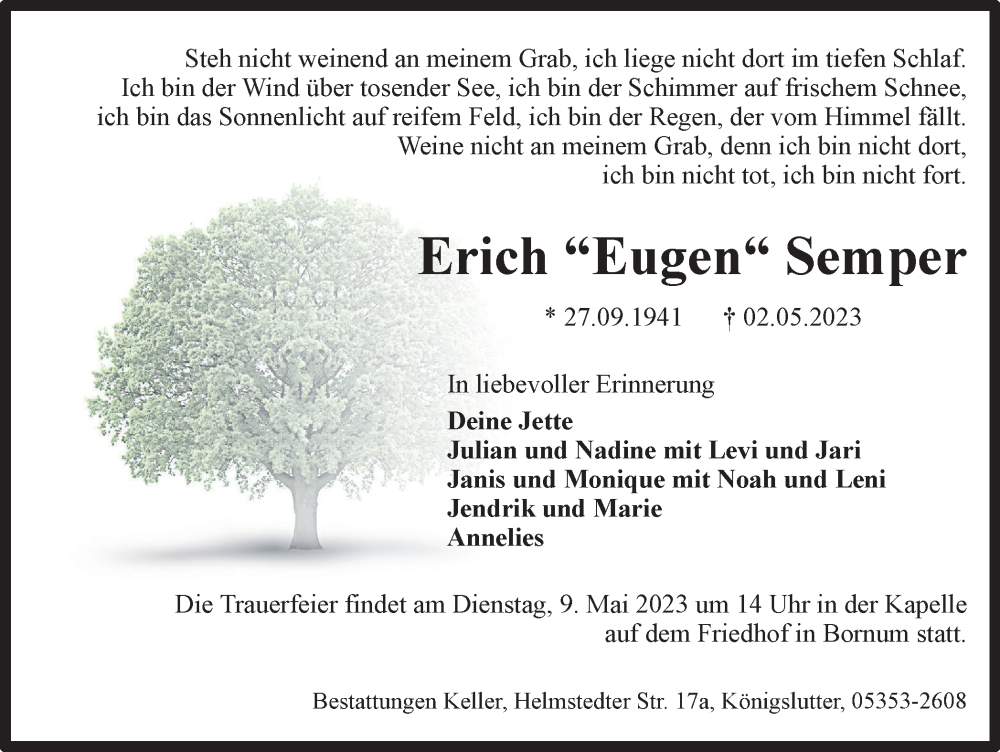  Traueranzeige für Erich Semper vom 06.05.2023 aus Helmstedter Nachrichten