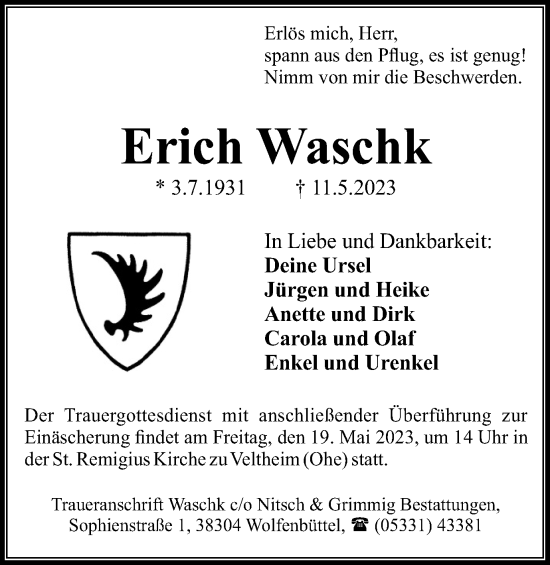 Traueranzeige von Erich Waschk von Wolfenbütteler Zeitung