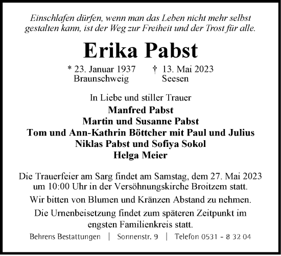 Traueranzeige von Erika Pabst von Braunschweiger Zeitung