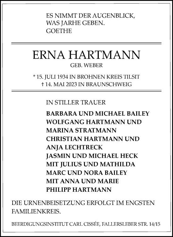 Traueranzeige von Erna Hartmann von Braunschweiger Zeitung