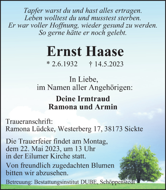 Traueranzeige von Ernst Haase von Wolfenbütteler Zeitung