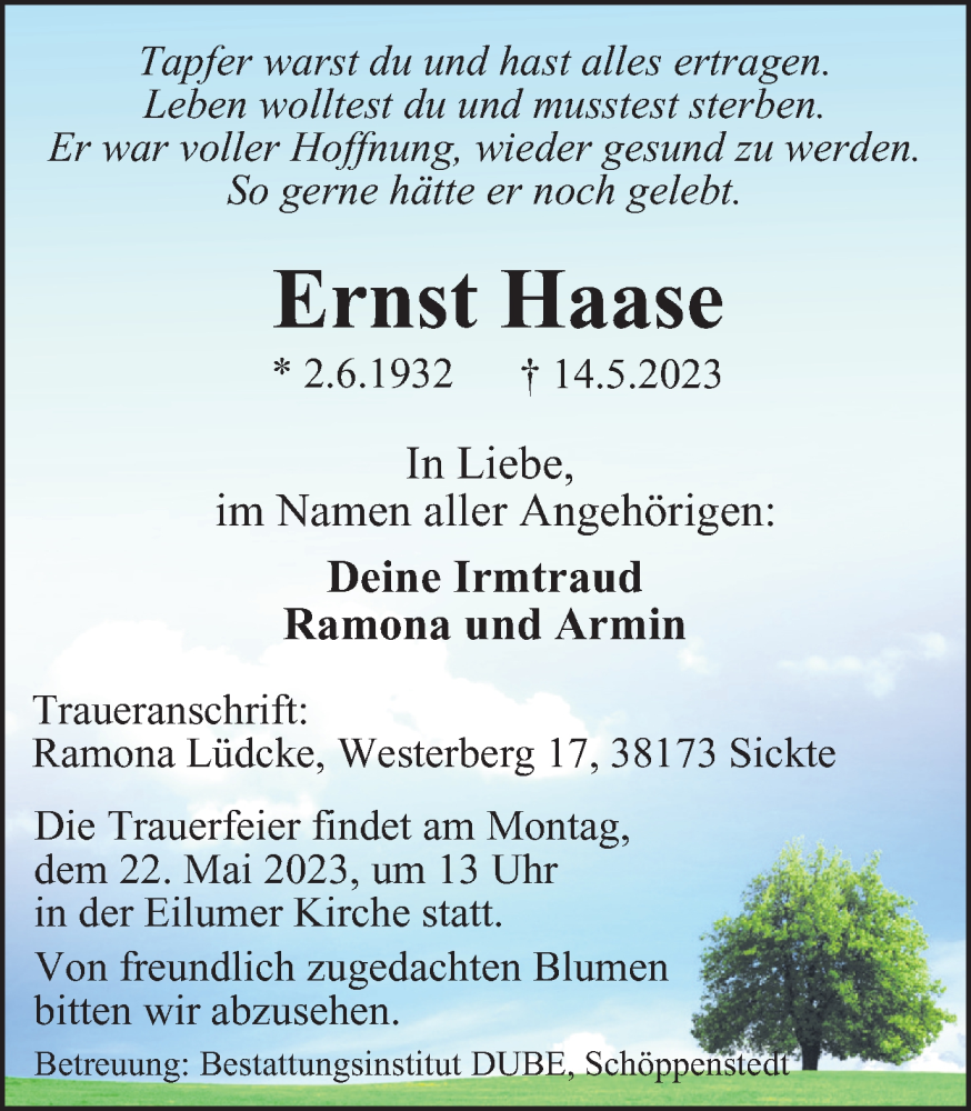  Traueranzeige für Ernst Haase vom 19.05.2023 aus Wolfenbütteler Zeitung