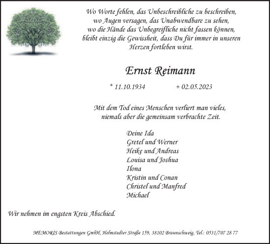 Traueranzeige von Ernst Reimann von Braunschweiger Zeitung
