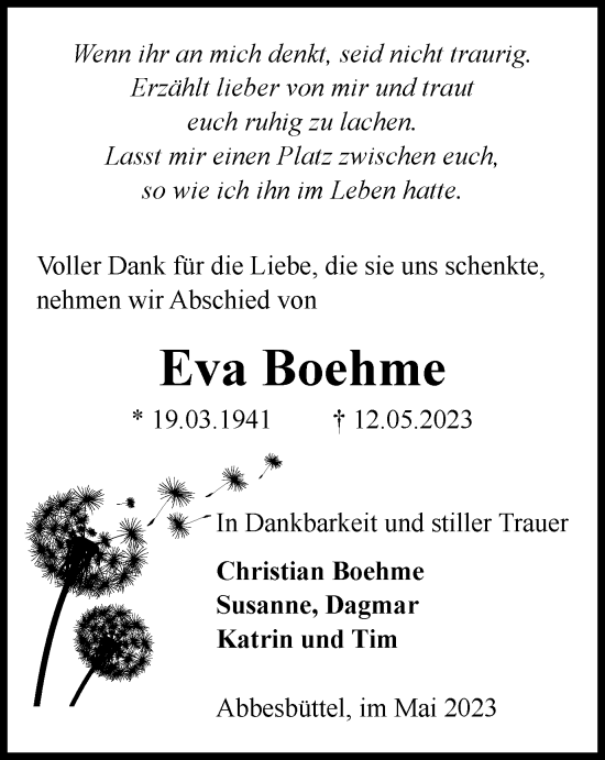 Traueranzeige von Eva Boehme von Wolfsburger Nachrichten