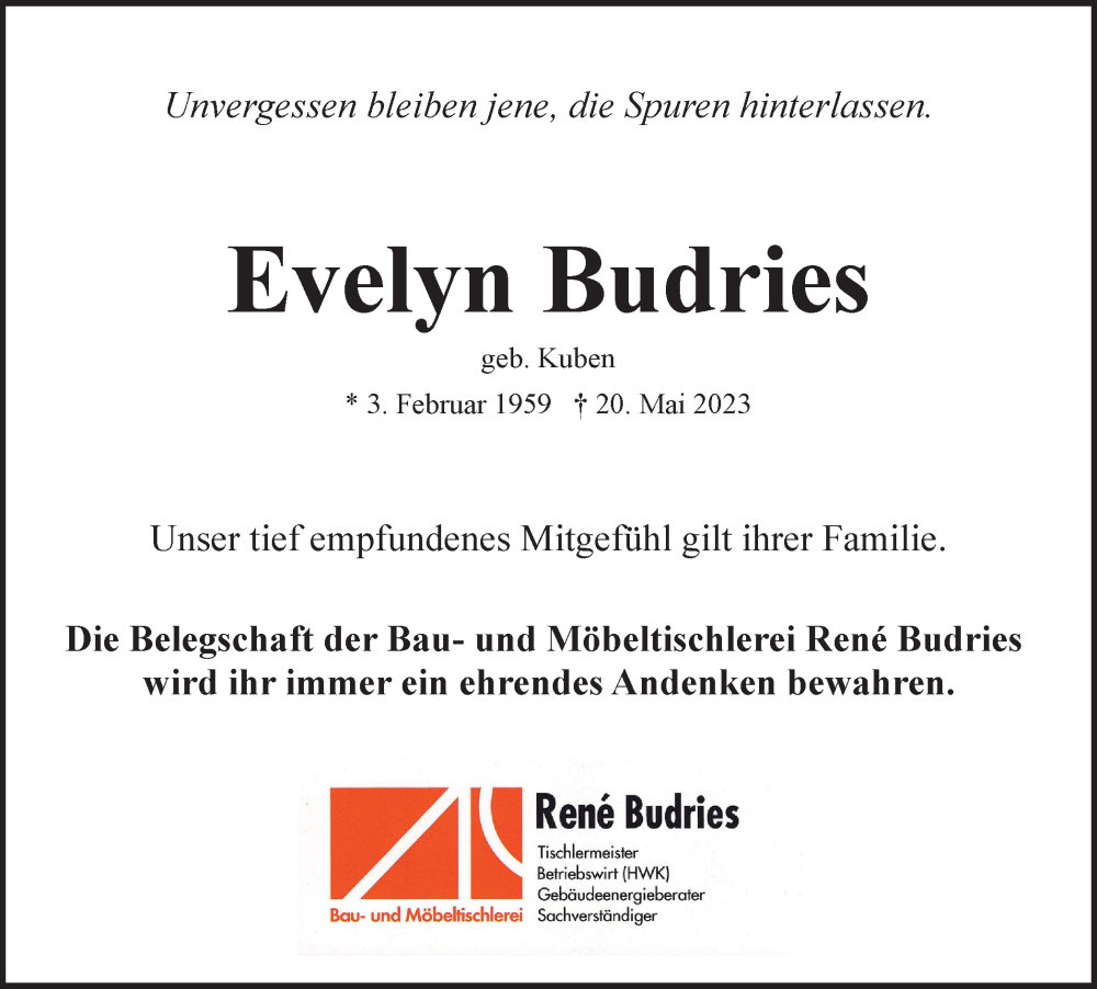  Traueranzeige für Evelyn Budries vom 24.05.2023 aus Braunschweiger Zeitung, Salzgitter-Zeitung