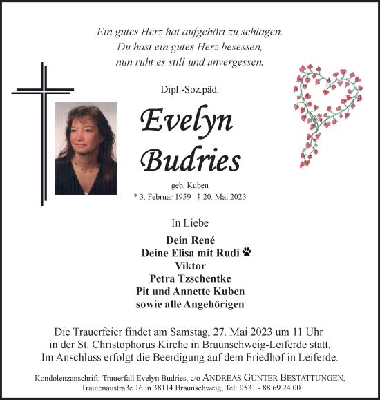 Traueranzeige von Evelyn Budries von Braunschweiger Zeitung, Salzgitter-Zeitung