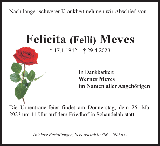 Traueranzeige von Felicita Meves von Wolfenbütteler Zeitung