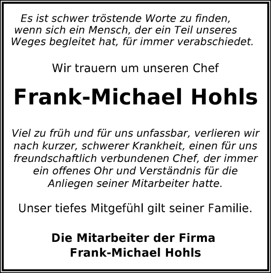 Traueranzeige von Frank-Michael Hohls von Braunschweiger Zeitung