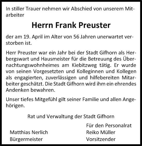 Traueranzeige von Frank Preuster von Wolfsburger Nachrichten