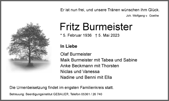 Traueranzeige von Fritz Burmeister von Wolfsburger Nachrichten