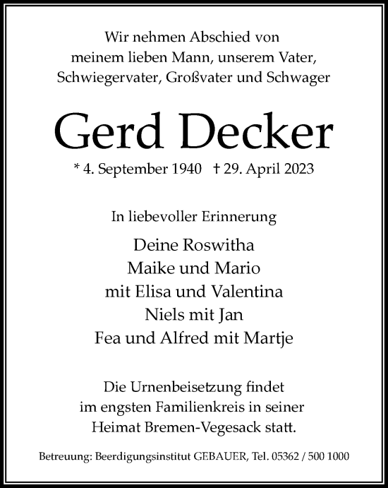 Traueranzeige von Gerd Decker von Wolfsburger Nachrichten