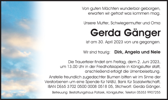 Traueranzeige von Gerda Gänger von Helmstedter Nachrichten
