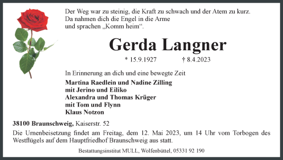 Traueranzeige von Gerda Langner von Neue Braunschweiger am Samstag