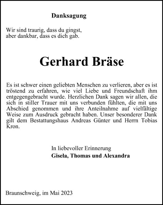 Traueranzeige von Gerhard Bräse von Braunschweiger Zeitung