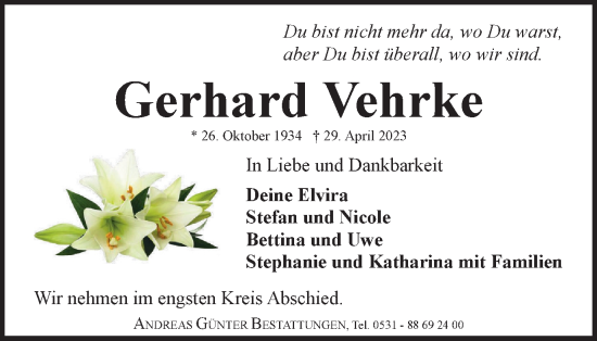 Traueranzeige von Gerhard Vehrke von Braunschweiger Zeitung