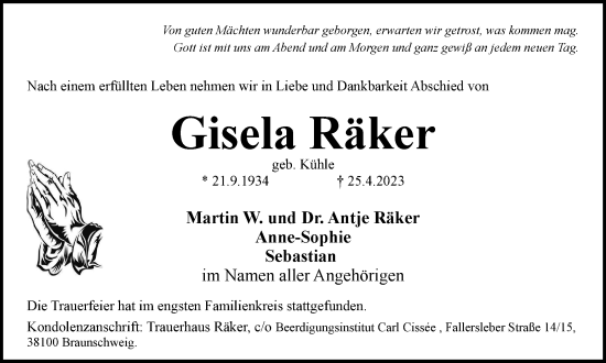 Traueranzeige von Gisela Räker von Braunschweiger Zeitung