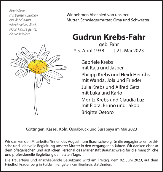 Traueranzeige von Gudrun Krebs-Fahr von Braunschweiger Zeitung