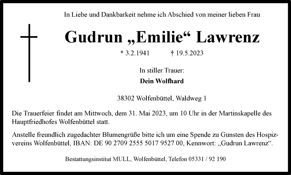  Traueranzeige für Gudrun Lawrenz vom 24.05.2023 aus Braunschweiger Zeitung