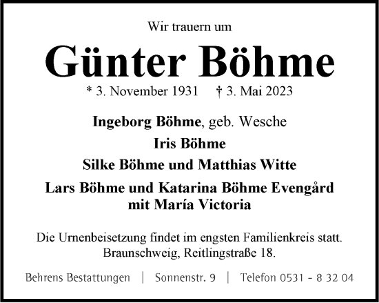 Traueranzeige von Günter Böhme von Braunschweiger Zeitung