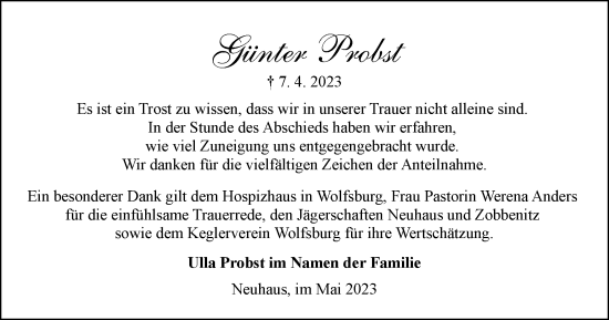 Traueranzeige von Günter Probst von Wolfsburger Nachrichten