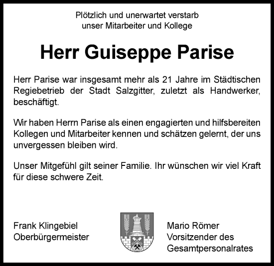 Traueranzeige von Guiseppe Parise von Salzgitter-Zeitung