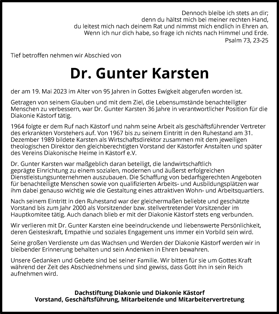  Traueranzeige für Gunter Karsten vom 25.05.2023 aus Wolfsburger Nachrichten