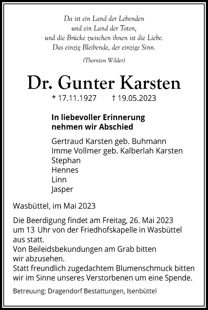  Traueranzeige für Gunter Karsten vom 23.05.2023 aus Wolfsburger Nachrichten