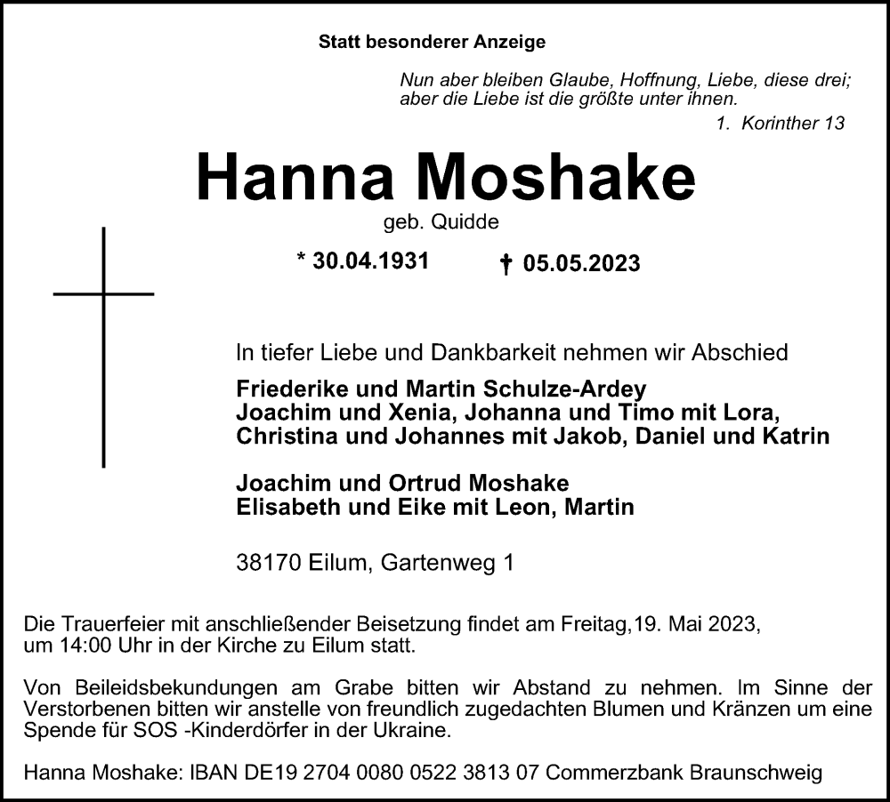  Traueranzeige für Hanna Moshake vom 13.05.2023 aus Wolfenbütteler Zeitung
